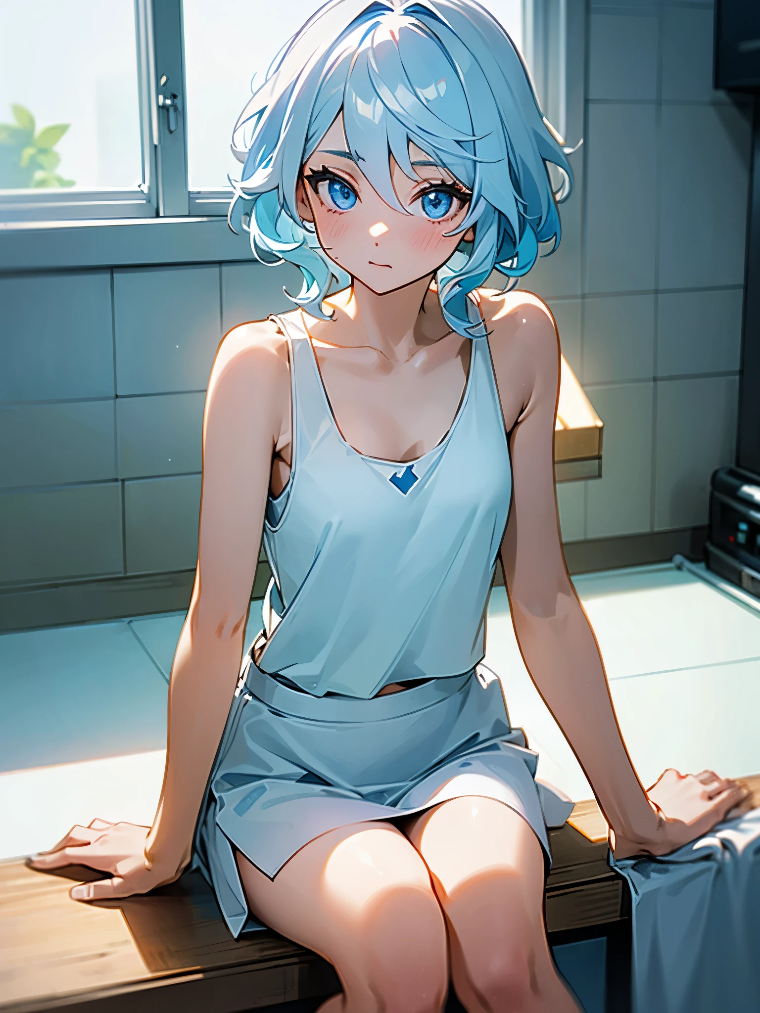 1girl, furina from genshin impact, short pale blue-white hair, wavy hair, blue eyes, different-blue eyes, wearing plain white cropped tank top, cropped tank top, white cropped tank top , cropped tank top, white overall, white mini skirt , indoor background, sunlight comes from window, kitchen background, kitchen, many furintures, cheerish ambience, sitting, looking at the camera, masterpiece, 8k, highres, ultrahd
