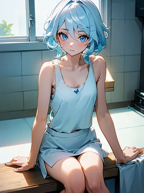 1girl, furina from genshin impact, short pale blue-white hair, wavy hair, blue eyes, different-blue eyes, wearing plain white cr...