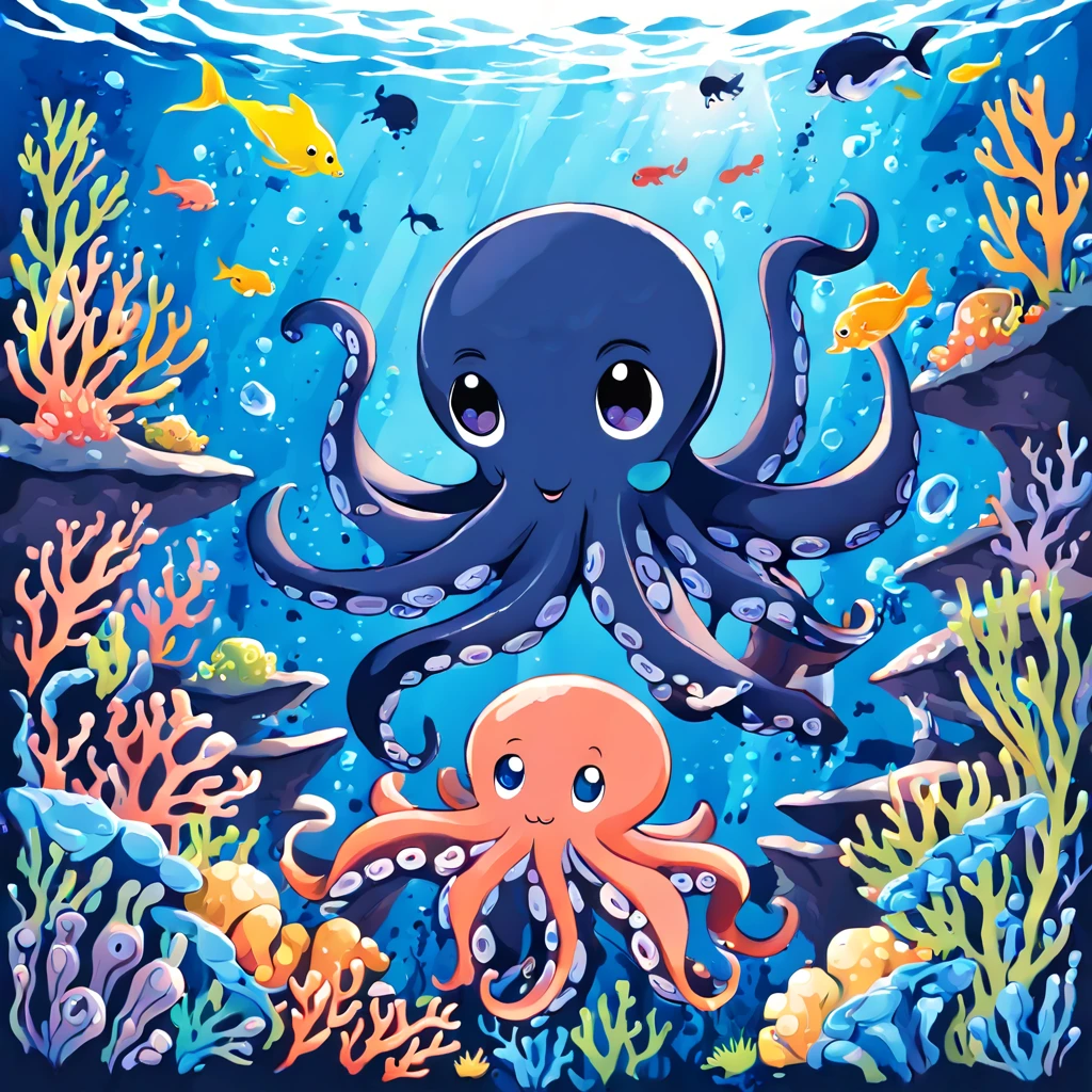 插画风格和异想天开的氛围，海底世界，((depicting 海底世界 with a cute octopus engaging in painting:1.5))。((油画和彩色墨水的强烈飞溅效果:1.6))，(画布和章鱼本身上呈现更多飞溅效果)。章鱼看起来应该很高兴做它的艺术，周围是充满珊瑚和海洋生物的充满活力的水生环境。(矢量插图:1.2)