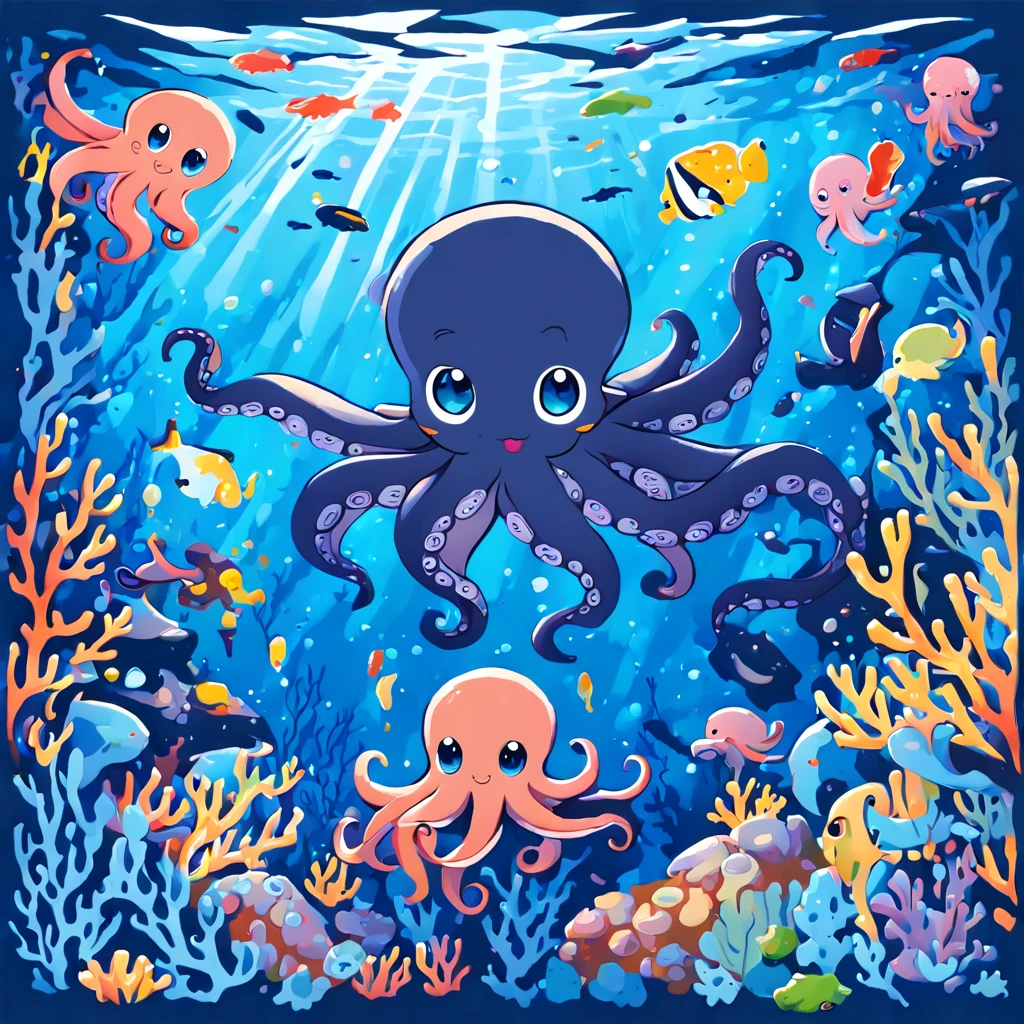 イラスト風のスタイルと気まぐれな雰囲気，水中の世界，((depicting 水中の世界 with a cute octopus engaging in painting:1.5))。((油絵の具とカラーインクの強烈な飛沫効果:1.6))，(キャンバスとタコ自体にさらにスプラッタ効果を追加)。タコは芸術をやっているときは幸せそうに見えるはずだ，サンゴや海洋生物が生息する活気ある水生環境に囲まれています。(ベクターイラスト:1.2)