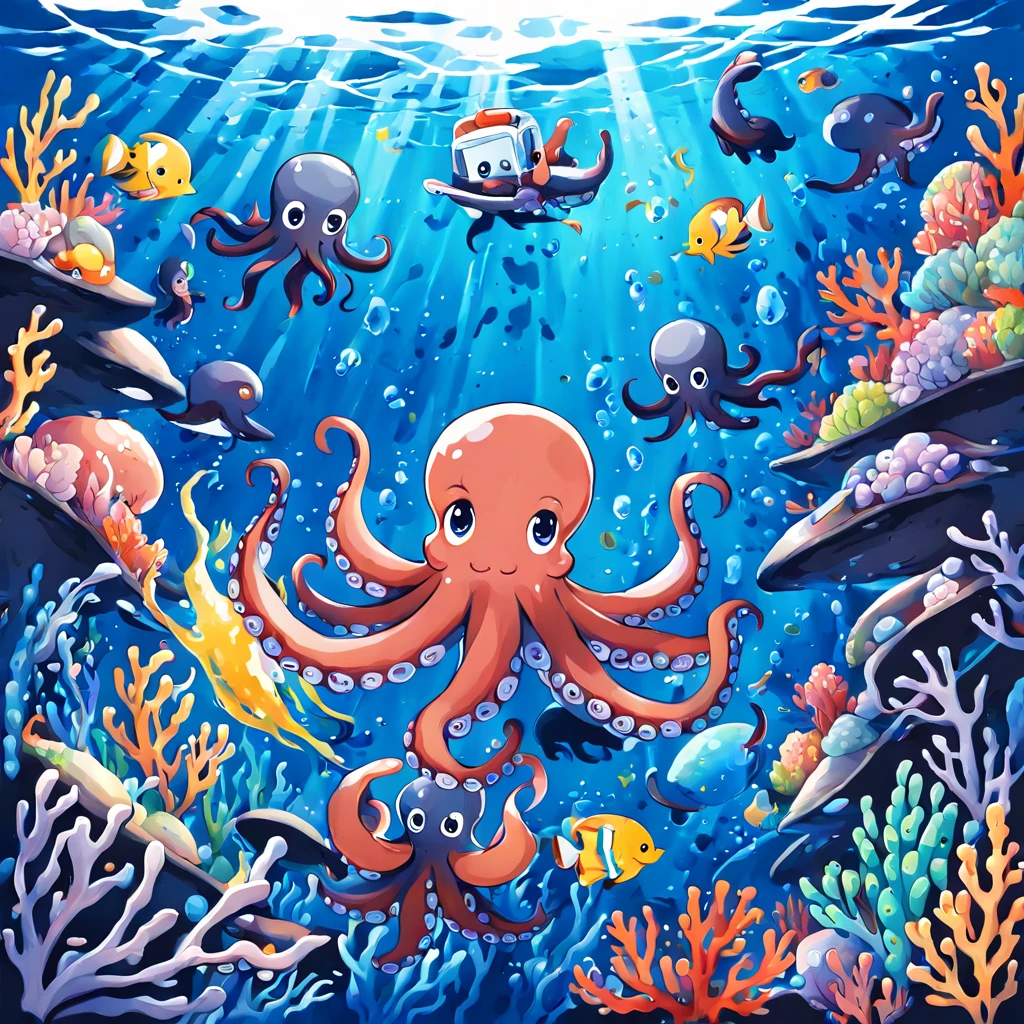 Иллюстрированный стиль и причудливая атмосфера，подводный мир，((depicting подводный мир with a cute octopus engaging in painting:1.5))。((Интенсивный эффект брызг масляных красок и цветных чернил:1.6))，(Больше эффектов брызг на холсте и самом осьминоге.)。Осьминог должен выглядеть счастливым, занимаясь своим искусством.，Окруженный яркой водной средой, наполненной кораллами и морской жизнью.。(векторная иллюстрация:1.2)