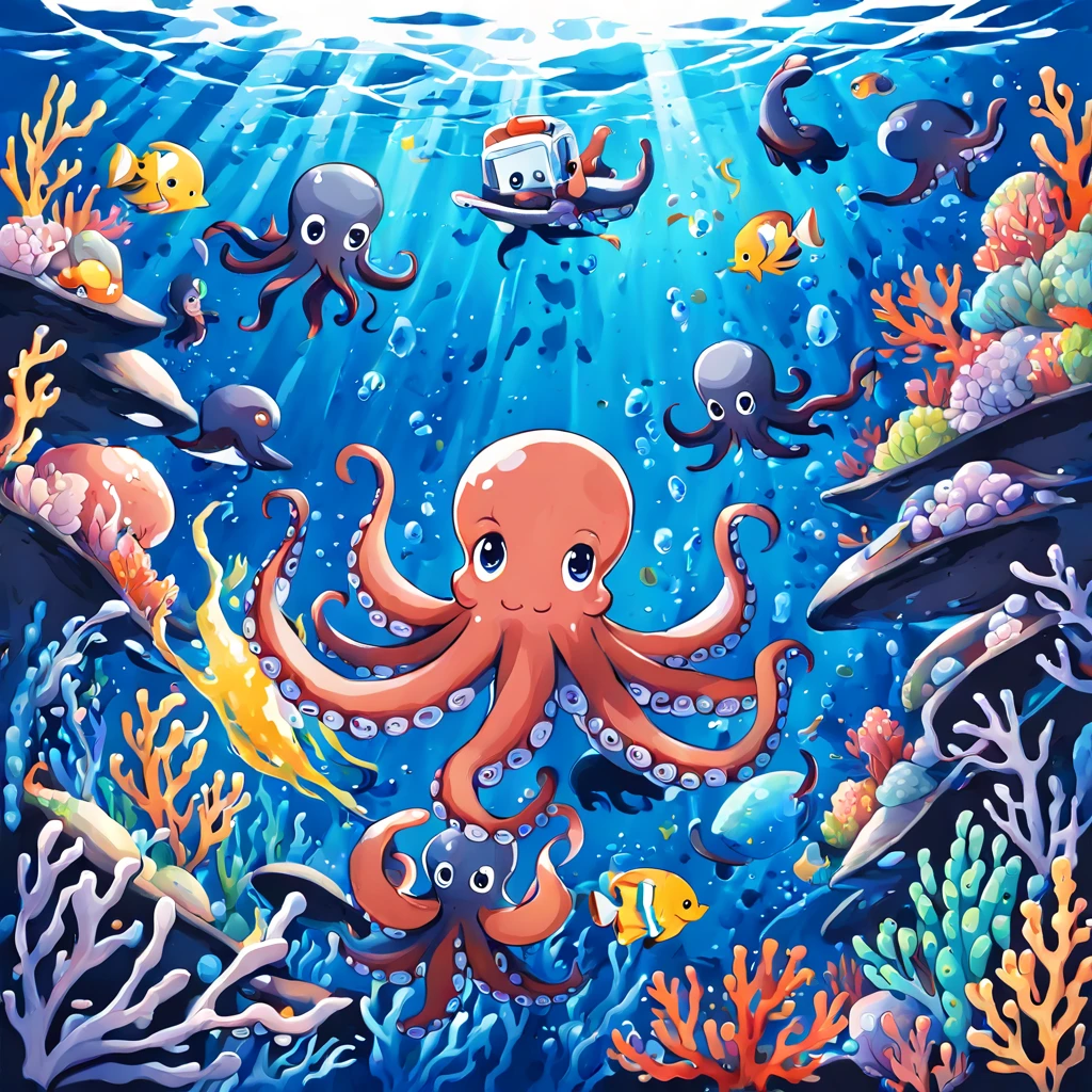 Style illustré et ambiance fantaisiste，un monde sous-marin，((depicting un monde sous-marin with a cute octopus engaging in painting:1.5))。((Effet d&#39;éclaboussures intense de peintures à l&#39;huile et d&#39;encres colorées:1.6))，(Plus d&#39;effets d&#39;éclaboussures sur la toile et sur la pieuvre elle-même)。La pieuvre devrait avoir l&#39;air heureuse de faire son art，Entouré d&#39;un environnement aquatique vibrant rempli de coraux et de vie marine。(Illustration vectorielle:1.2)