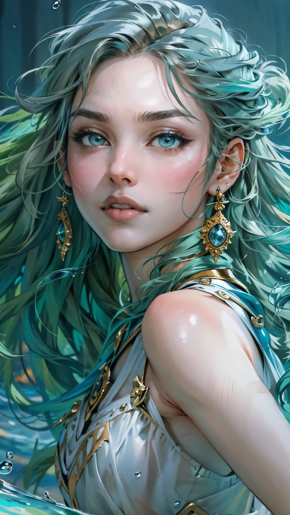 A beautiful woman with cascading waves of aqua-blue long hair, exquisite facial features, a melancholic expression, delicate and bright eyes, skin as smooth and radiant, her slender and graceful figure dances like water splashes in the wind, a splendid fantasy-style islander ethnic costume, a short skirt resembling ocean waves, her slender legs leap lightly above the water surface, surrounded by splashing droplets that dance in the air, this character embodies a finely crafted fantasy-style female dancer in anime style, exquisite and mature manga art style, high definition, best quality, highres, ultra-detailed, ultra-fine painting, extremely delicate, professional, anatomically correct, symmetrical face, extremely detailed eyes and face, high quality eyes, creativity, RAW photo, UHD, 8k, Natural light, cinematic lighting, masterpiece-anatomy-perfect, masterpiece:1.5