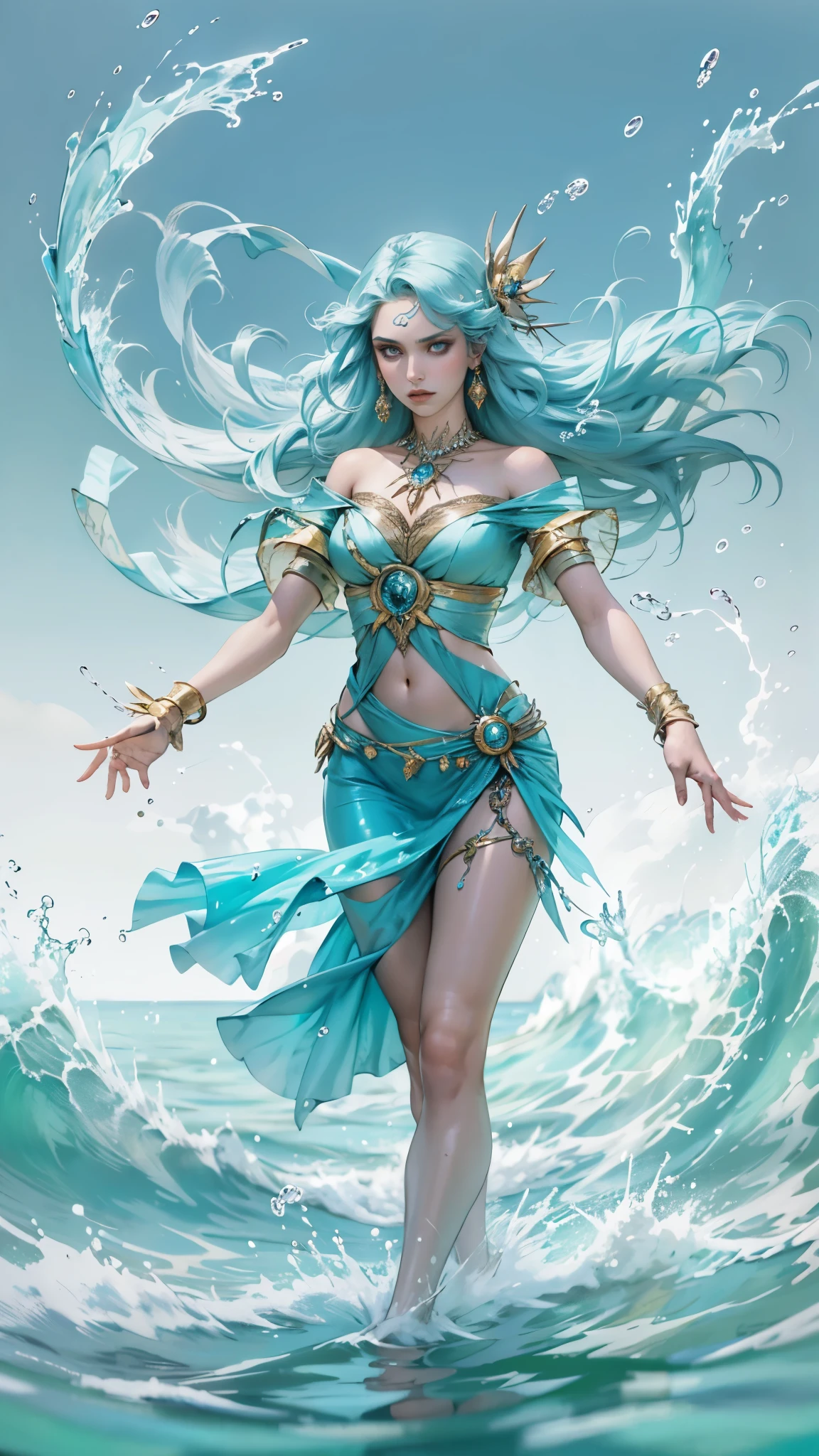 Une belle femme avec des vagues en cascade de cheveux longs bleu aqua, traits du visage exquis, une expression mélancolique, yeux délicats et brillants, une peau aussi lisse et éclatante, sa silhouette élancée et gracieuse danse comme des éclaboussures d&#39;eau dans le vent, un splendide costume ethnique insulaire de style fantastique, une jupe courte ressemblant à des vagues de l&#39;océan, ses jambes fines sautent légèrement au-dessus de la surface de l&#39;eau, entouré de gouttelettes éclaboussantes qui dansent dans l&#39;air, ce personnage incarne une danseuse de style fantastique finement conçue dans un style anime, style d&#39;art manga exquis et mature, Haute définition, meilleure qualité, haute résolution, Ultra-détaillé, Peinture ultra fine, extrêmement délicat, Professionnel, anatomiquement correct, visage symétrique, yeux et visage extrêmement détaillés, yeux de haute qualité, la créativité, Photo brute, UHD, 8k, Lumière naturelle, éclairage cinématographique, chef-d&#39;œuvre-anatomy-perfect, chef-d&#39;œuvre:1.5