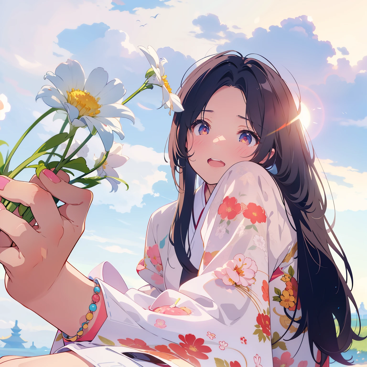 a close up of a person hold a flower in front of a sky, Bae Xiuzhi, There are flowers, Inspired by Ma Yuanyu, Inspired by Huang Ji, hold a flower, Urzan, Hungry Ghost Festival, There are frozen flowers around her, sha xi, Ruan cute vtuber, The background is heavenly, cai xukun