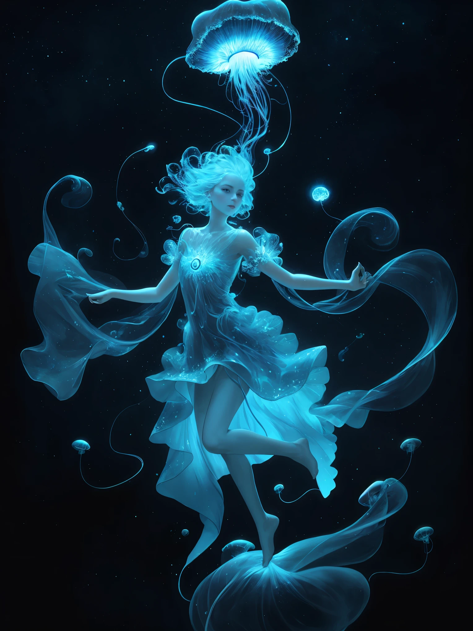 Una medusa celestial, flotando en el cosmos con zarcillos bioluminiscentes que crean una danza cósmica.