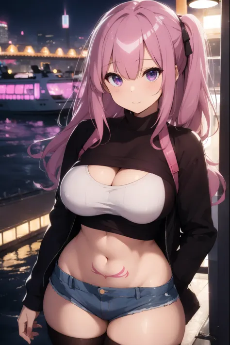 masterpiece, woman in a Magenta turtleneck and Cotton Candy Pink micro shorts is standing next to a Riverboat with a cyberpunk background, bracelet, white hair, jewelry, mailbox, lips, living hair, cosmetic, huge breasts, diaphragm, nail_polishing, navel, ...