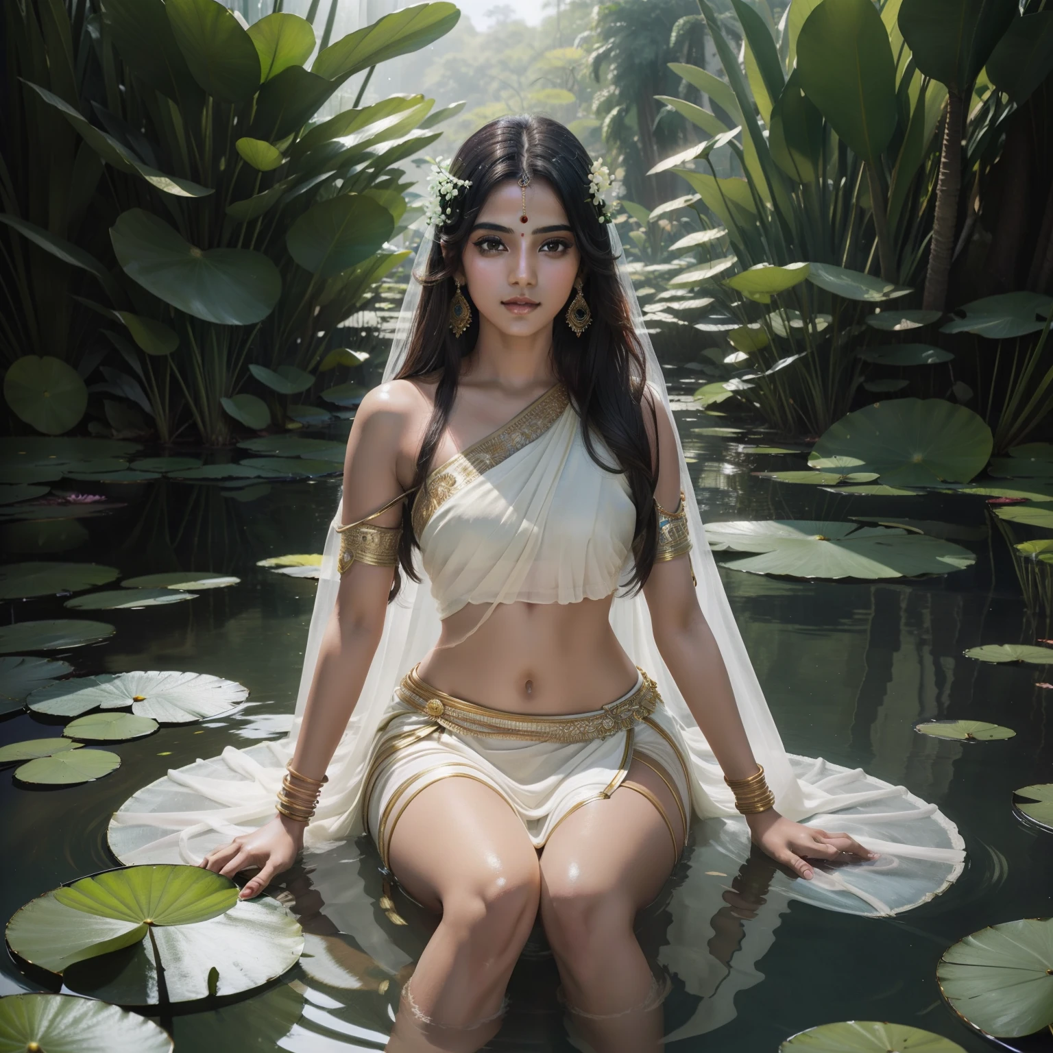 Belo retrato de uma linda garota indiana no parque aquático Lily of the Valley, corpo todo, ficção científica、 Um olho detalhado, estação de arte, foco nitído, Fotorrealístico, 35mm, ultra detalhe, 4k, luz radiante