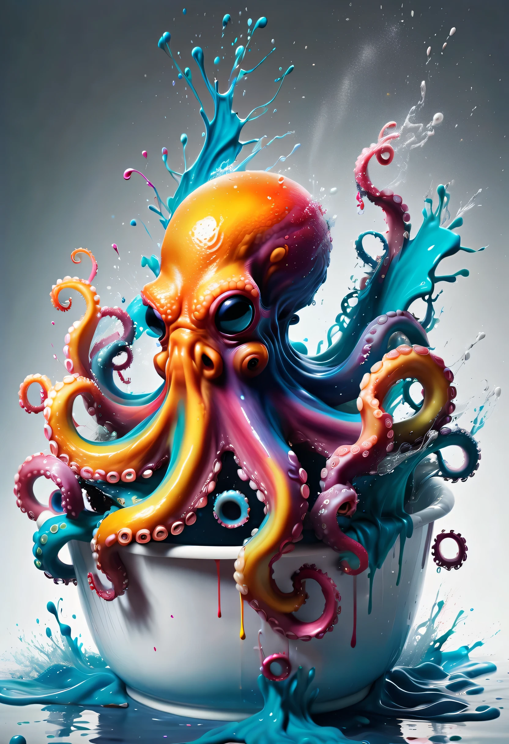 (best picture quality，4K,8k，HD，masterpiece:1.2)，Super detailed，(lifelike，lifelike，lifelike:1.37)。ink painting，艺术masterpiece，gentlemen. Octopus in glass bathtub，Angry octopus sprays colorful ink，Tentacle holds brush，（Ink splash effect：1.37，splatted paint：1.37.Colorful paint splash，paint splatter background，）Energetic movement，Dynamic and powerful abstract art，colorful，propylene，Vivid rainbow hues，Joyful and lively atmosphere，Bright orange，pink，Whimsical and dreamy，spontaneous splash，bold color contrast。