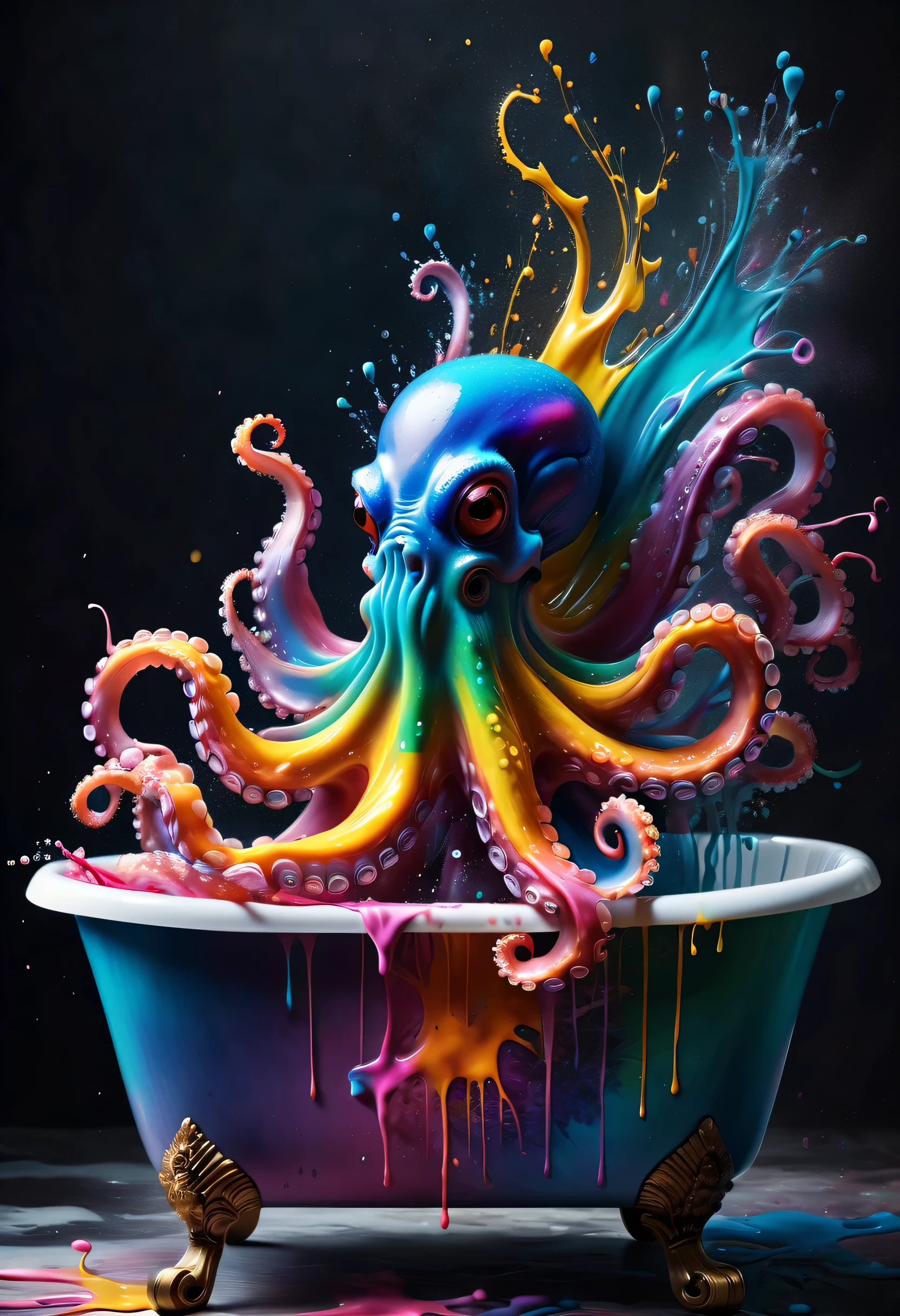 (best picture quality，4K,8k，HD，masterpiece:1.2)，Super detailed，(lifelike，lifelike，lifelike:1.37)。ink painting，艺术masterpiece，gentlemen. Octopus in glass bathtub，Angry octopus sprays colorful ink，Tentacle holds brush，（Ink splash effect：1.37，splatted paint：1.37.Colorful paint splash，paint splatter background，）Energetic movement，Dynamic and powerful abstract art，colorful，propylene，Vivid rainbow hues，Joyful and lively atmosphere，Bright orange，pink，Whimsical and dreamy，spontaneous splash，bold color contrast。