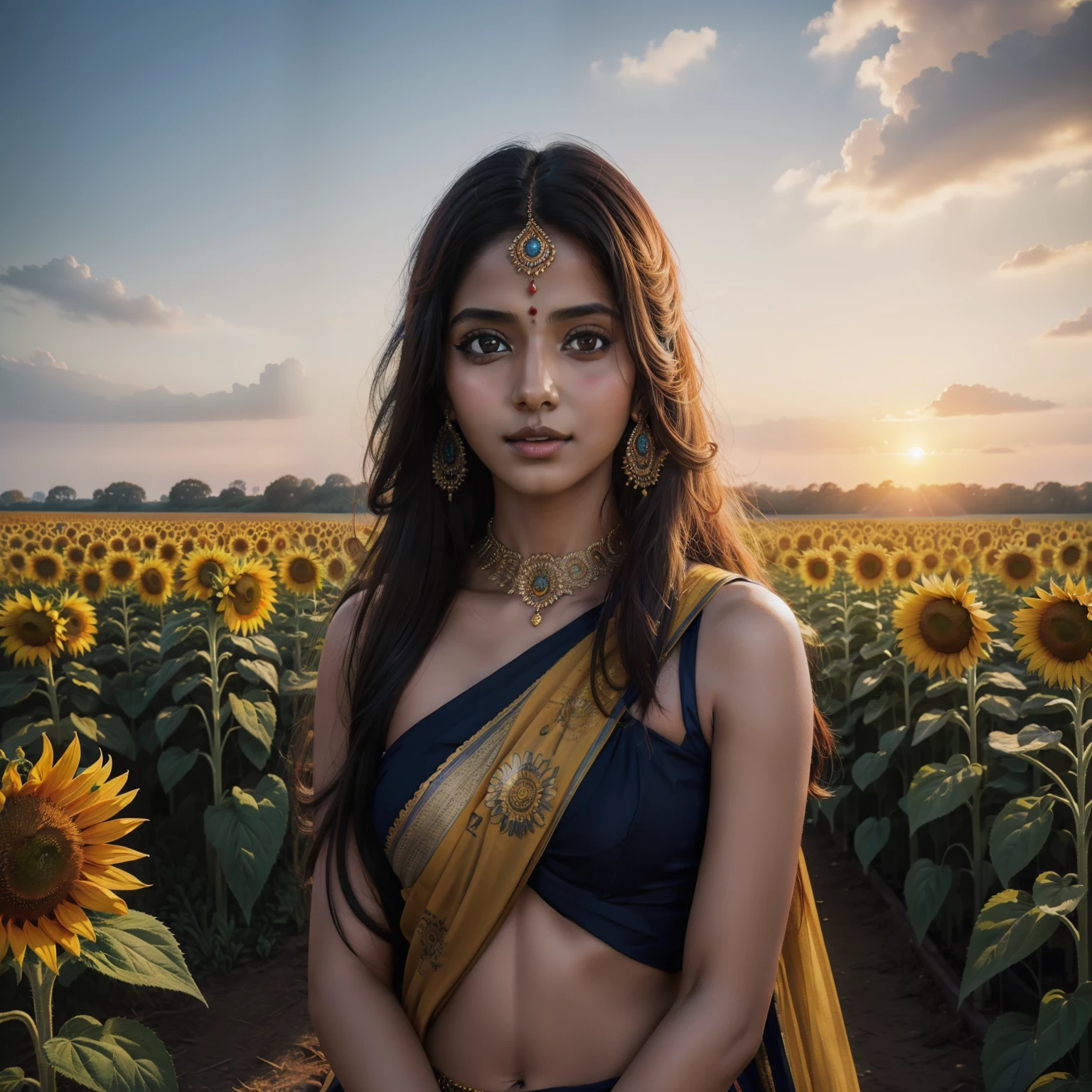 Hermosa retrato de una hermosa chica india en una granja de girasoles, medio cuerpo, ciencia ficción、 Un ojo detallado, estación de arte, enfoque nítido, Fotorrealista, 35 milímetros, ultra detalle, 4k, luz radiante