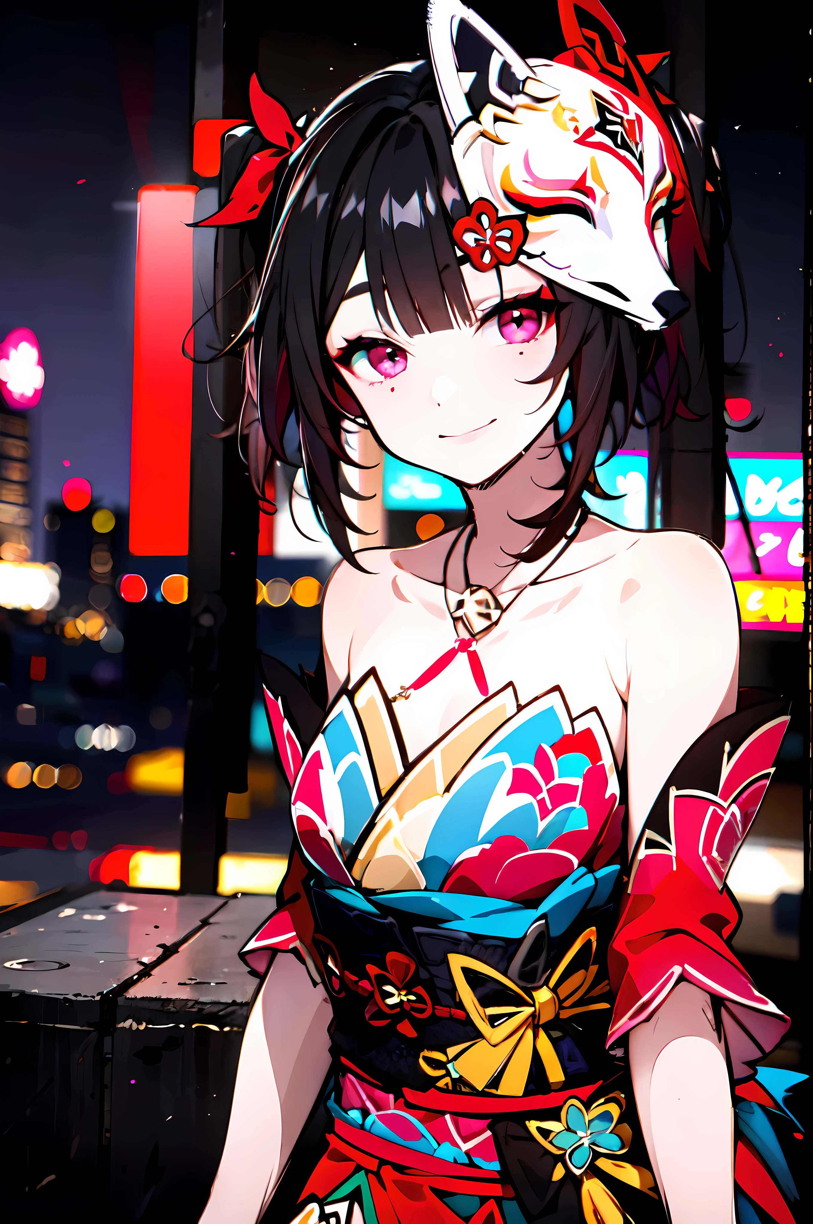 detailed, (masterpiece:1.2), (pale_skin:1.2), (solo:1.2), (female), slender, (black hair), twintails, outdoors, sky, night city, lights, bare shoulders, red kimono, collarbone, smiling, las vegas, city, wink, (one_eye_closed), grinning, teeth, pink eyes, (fox_mask_on_head), head_tilt, sparkle