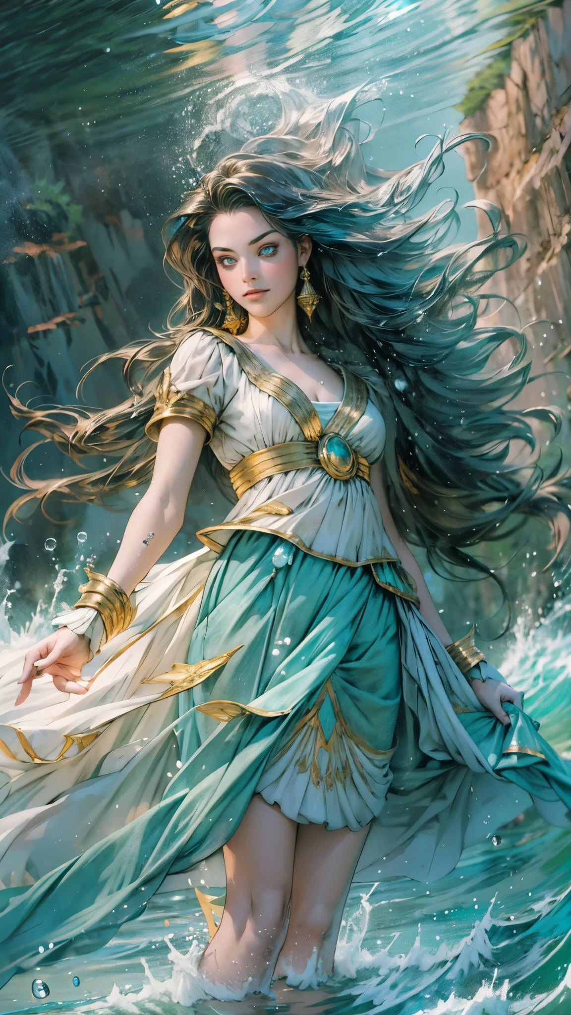 A beautiful woman with cascading waves of aqua-blue long hair, exquisite facial features, a melancholic expression, delicate and bright eyes, skin as smooth and radiant, her slender and graceful figure dances like water splashes in the wind, a splendid fantasy-style islander ethnic costume, a short skirt resembling ocean waves, her slender legs leap lightly above the water surface, surrounded by splashing droplets that dance in the air, this character embodies a finely crafted fantasy-style female dancer in anime style, exquisite and mature manga art style, high definition, best quality, highres, ultra-detailed, ultra-fine painting, extremely delicate, professional, anatomically correct, symmetrical face, extremely detailed eyes and face, high quality eyes, creativity, RAW photo, UHD, 8k, Natural light, cinematic lighting, masterpiece-anatomy-perfect, masterpiece:1.5