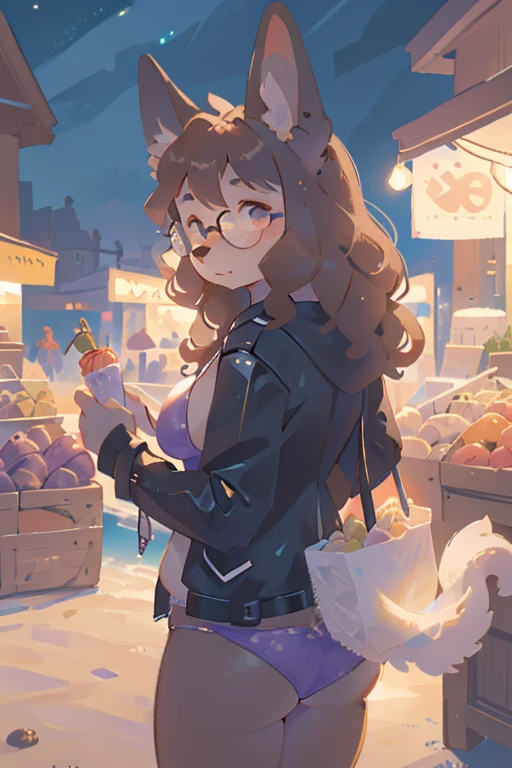 1girl, furry, anthro, canine, dog, poodle, female, dog_ears, curly_hair, black_fur, brown_fur brown_hair, curly_hair, floppy_ears, glasses, fat_ass, chest_fluff, fluffy_tail, night, open_jacket, leather_jacket, seaside, beach, thatched_roof, urban, purple bikini, farmers_market, food_stall, holding_eggplant