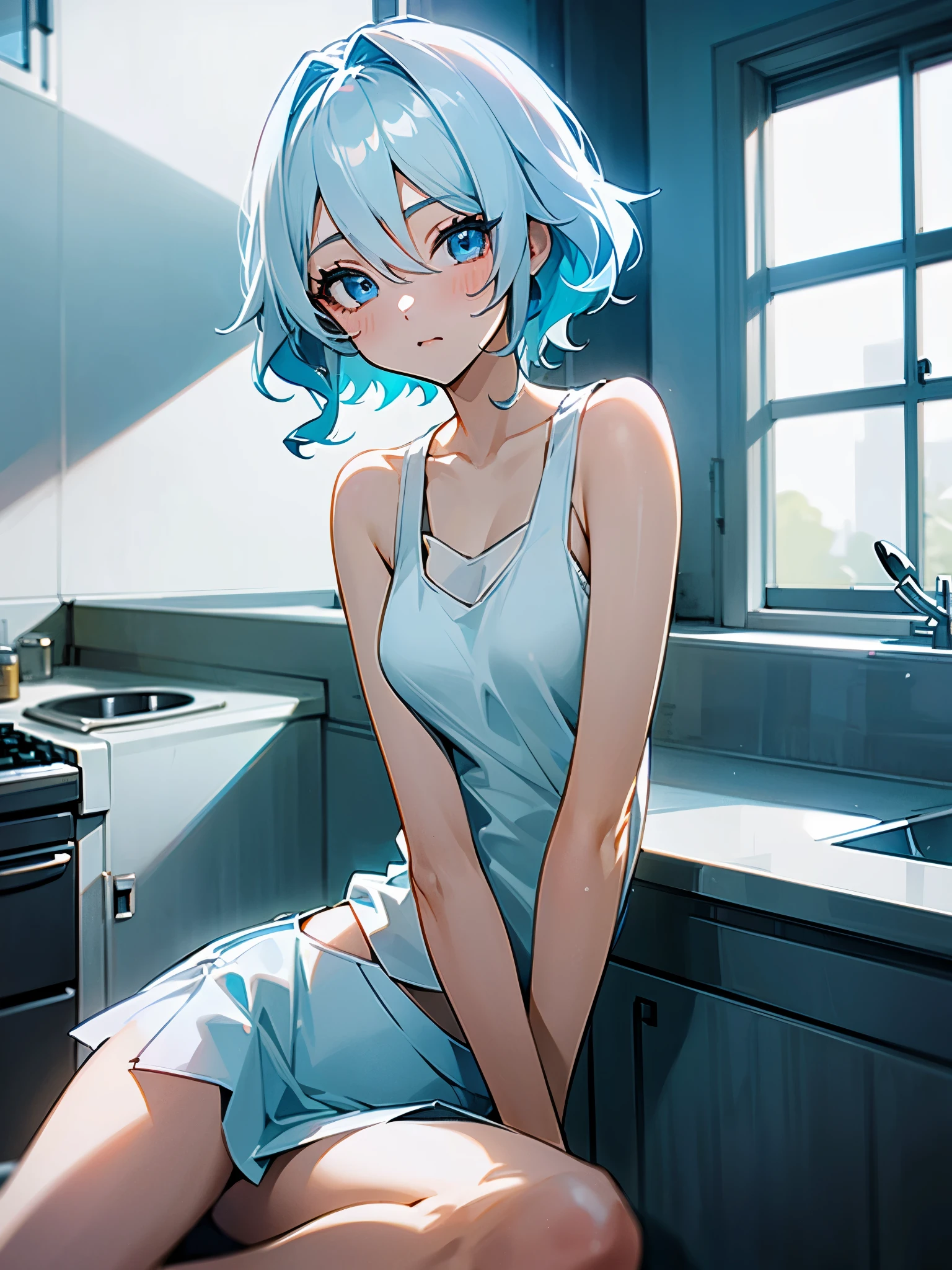 1girl, furina from genshin impact, short pale blue-white hair, wavy hair, blue eyes, different-blue eyes, wearing plain white cropped tank top, cropped tank top, white cropped tank top , cropped tank top, white overall, white mini skirt , indoor background, sunlight comes from window, kitchen background, kitchen, many furintures, cheerish ambience, sitting, looking at the camera, masterpiece, 8k, highres, ultrahd
