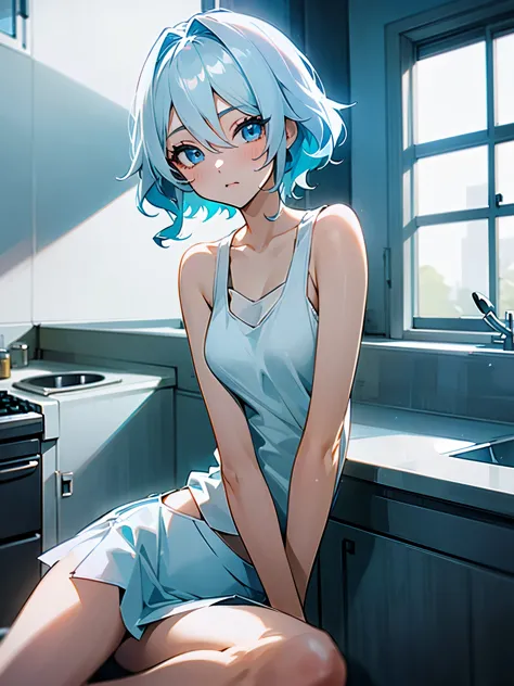 1girl, furina from genshin impact, short pale blue-white hair, wavy hair, blue eyes, different-blue eyes, wearing plain white cr...