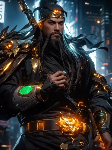 1 man,top quality, (colored skin),Cyber Samurai, Guan Yu,(Gold shoulder armor,Cyberpunk style green metal armor, glowing belt, s...