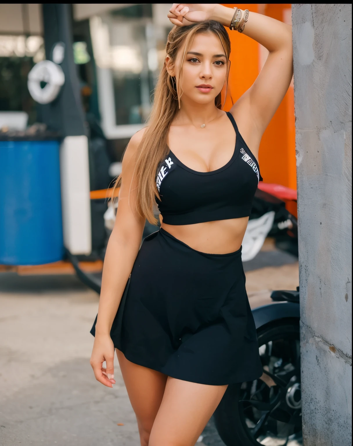 A close up of a woman in a black sports bra top and shorts - SeaArt AI