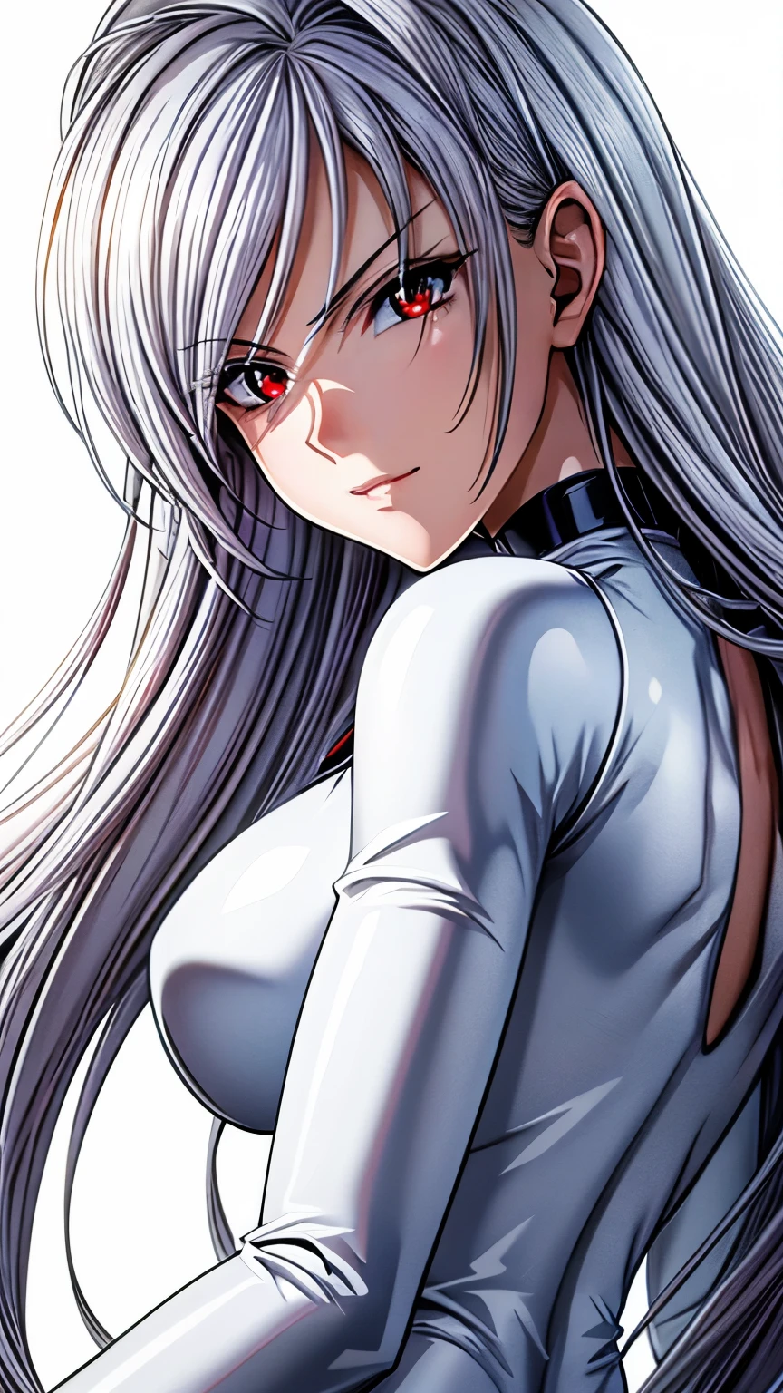 (masterpiece, best quality, ultra-detailed, highres, illustration:0.8), extremely detailed wallpaper, official art, amazing, high detail, ultra-detailed, extremely detailed 8k wallpaper,closed full body, bright silver hair, red eyes with slit pupils, (white background: 1.3), (1girl, solo),(bodysuit),sexy,perfect anatomy,beautiful face, back figure, looking back, 