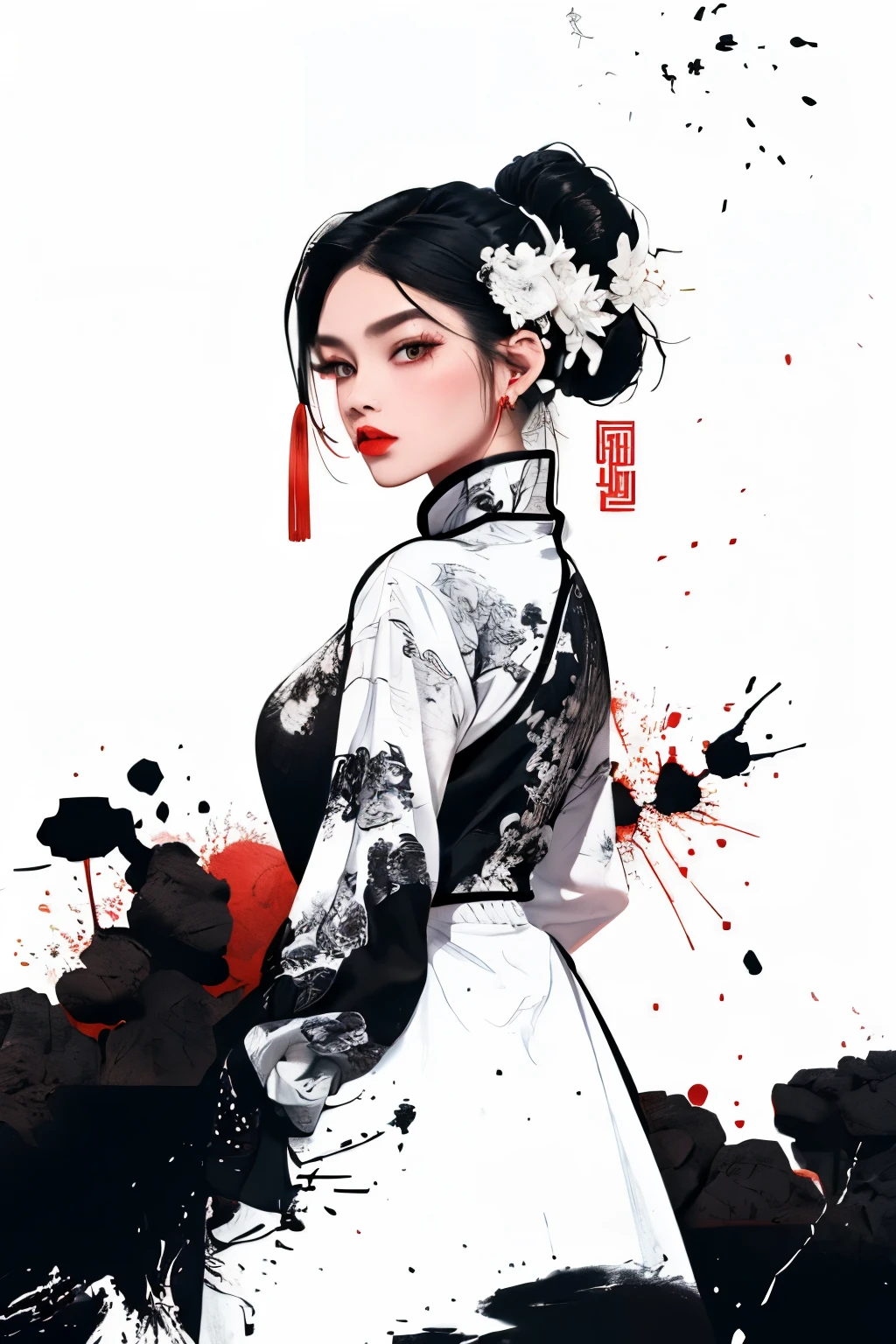 masterpiece, 8k, (absurdres, highres, ultra detailed), (1lady:1.3), EpicArt,Chinese ink paint,water inkSpot,White and white,Chinese style, ink splatter, chinese clothes, black hair