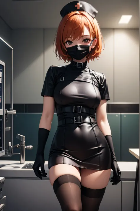 black nurse, 1 girl, black nurse cap, black wear, ((black legwear, zettai ryouiki)), black elbow gloves, very short hair, orange...