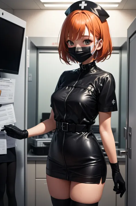 black nurse, 1 girl, black nurse cap, black wear, ((black legwear, zettai ryouiki)), black elbow gloves, very short hair, orange...