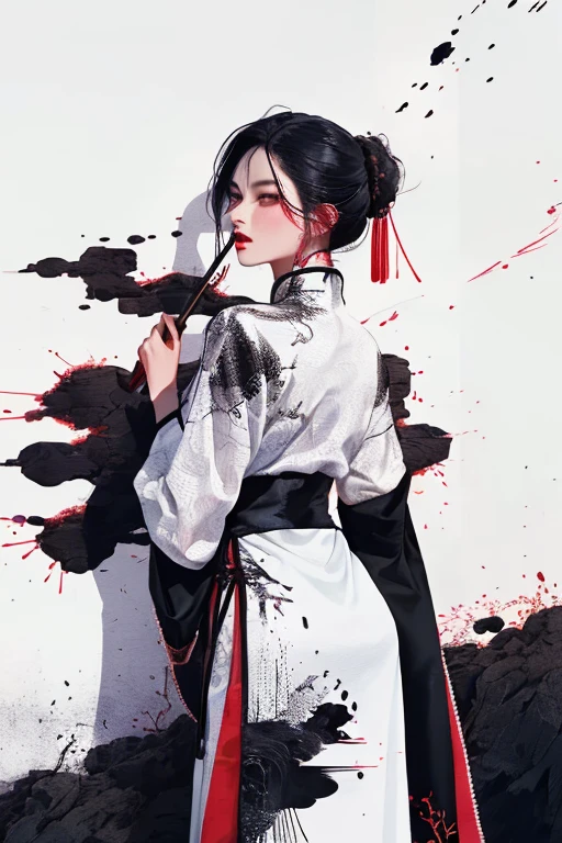 masterpiece, 8k, (absurdres, highres, ultra detailed), (1lady:1.3), EpicArt,Chinese ink paint,water inkSpot,White and white,Chinese style, ink splatter, chinese clothes, black hair