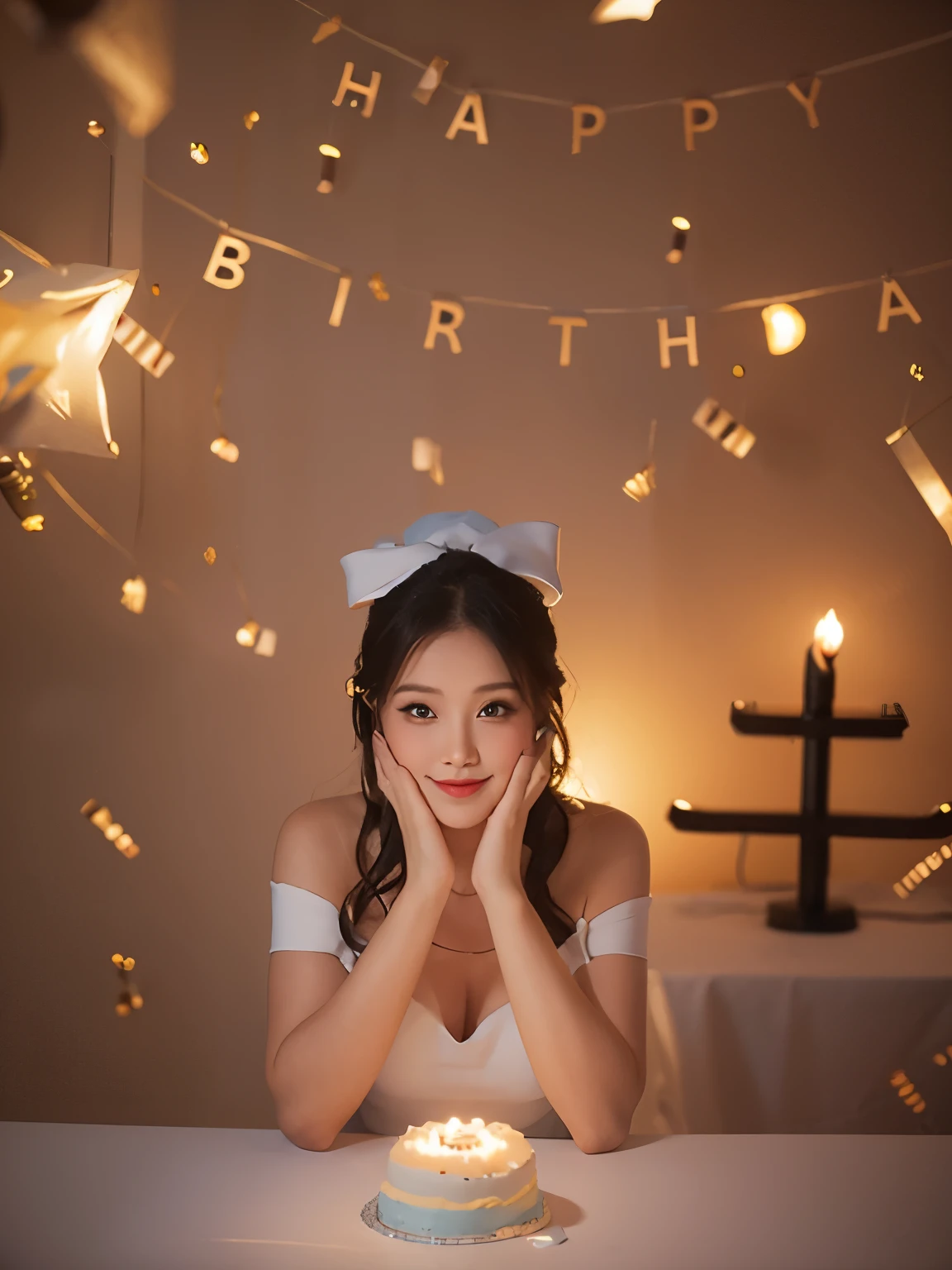 Woman in white dress sitting at table,Make a wish on the birthday cake, Happy birthday, Product introduction photos, Birthday parties, Photos taken with Canon 5D, Shot with Canon EOA 6d mark ii, eating a cake, Product photography, Photographed with sigma f / 4. 2, Photographed with sigma f/ 4.2,