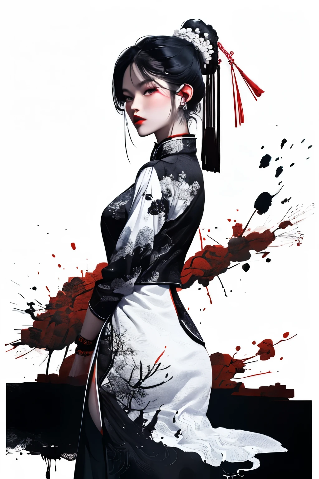 masterpiece, 8k, (absurdres, highres, ultra detailed), (1lady:1.3), EpicArt,Chinese ink paint,water inkSpot,black and white,Chinese style, ink splatter, chinese clothes, black hair