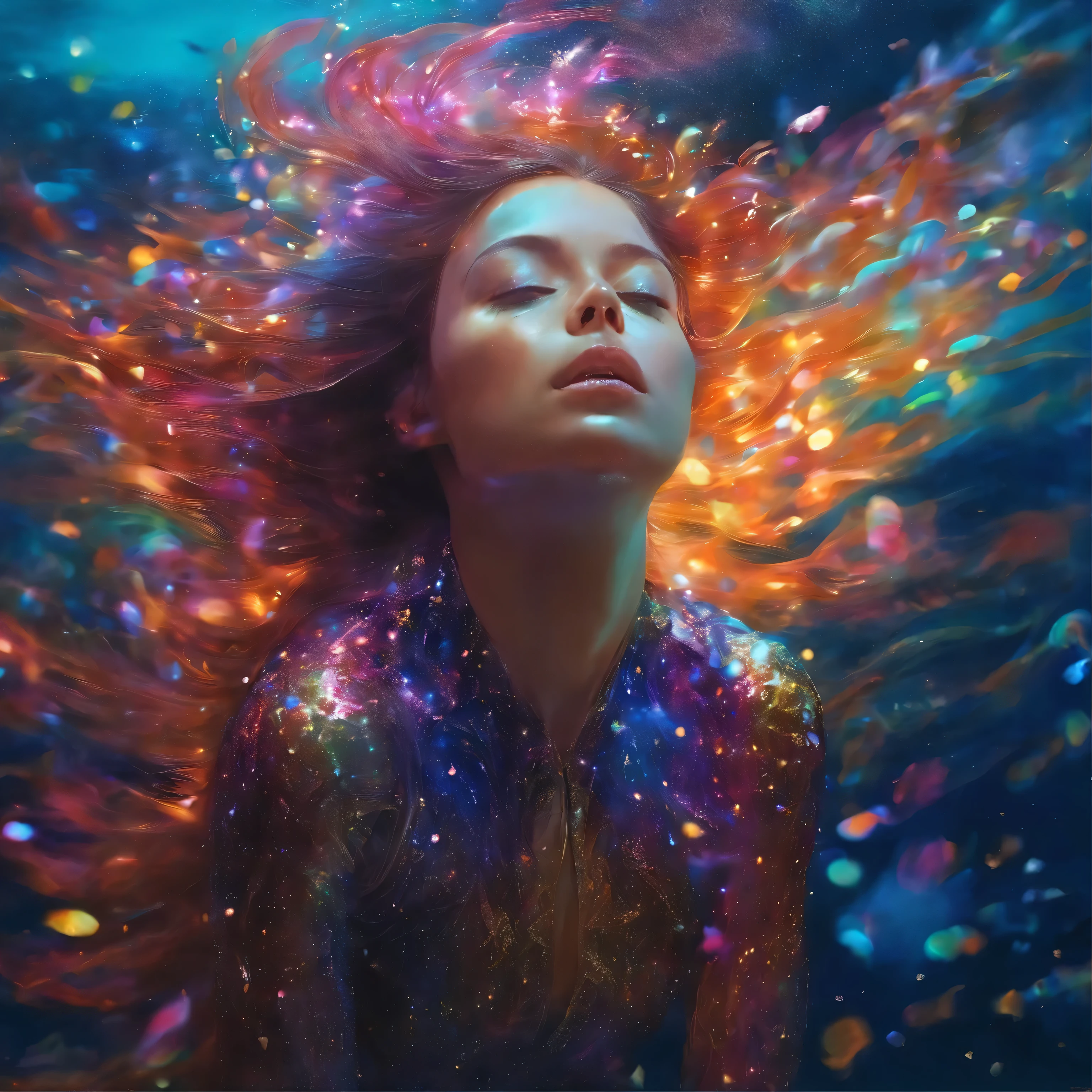 "girl with sparkle coat drown under ocean. the ocean full of sparkles"  "Hyperrealistic, splash art, concept art, mid shot, intricately detailed, color depth, dramatic, 2/3 face angle, side light, colorful background" 