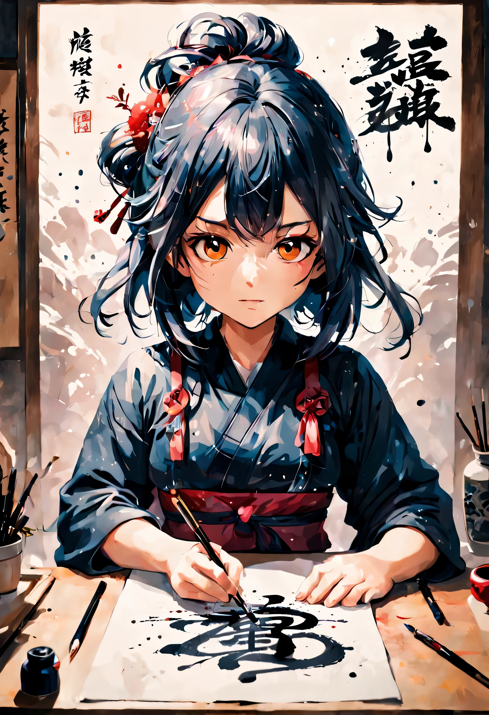 달필, 한시 종이, 머리를 빗다, 종이용 펠트 매트, 달필の女の子が墨を飛ばして大胆に字を書いている. 일본 만화 영화