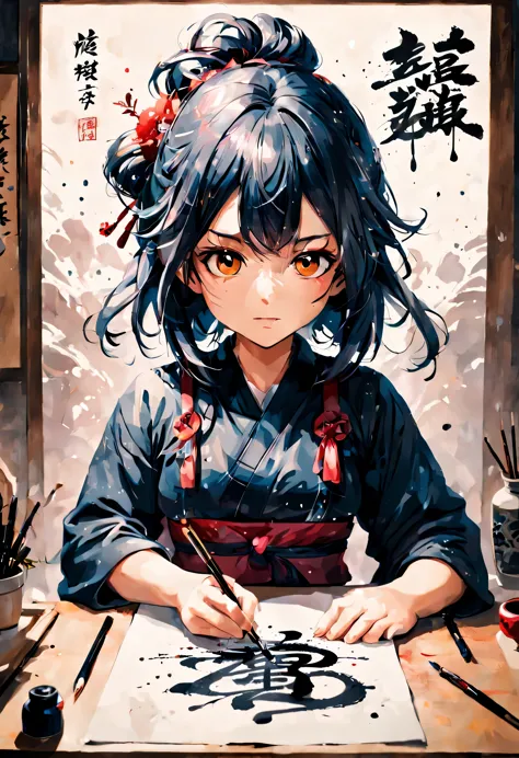 calligraphy, hanshi paper, brush with hair, felt mat for paper, calligraphyの女の子が墨を飛ばして大胆に字を書いている. anime