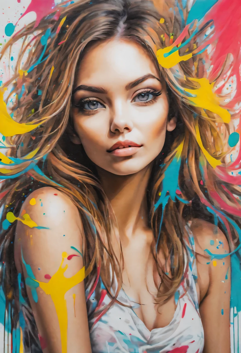 scribble art，ink splatter，Wild，splash ink painting，Abstraction，rich and colorful，Vague dreams，Dynamic energy,publish creation，visual impact,modern aesthetic,Elegant and simple,Contemporary interpretation,be bold,Stylized abstract portrait of beautiful girl，Street graffiti