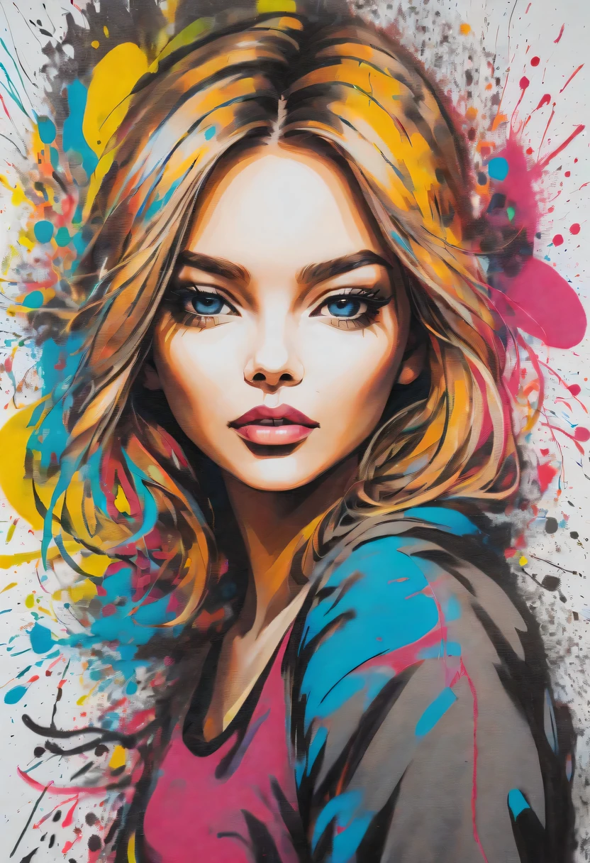 scribble art，ink splatter，Wild，splash ink painting，Abstraction，rich and colorful，Vague dreams，Dynamic energy,publish creation，visual impact,modern aesthetic,Elegant and simple,Contemporary interpretation,be bold,Stylized abstract portrait of beautiful girl，Street graffiti