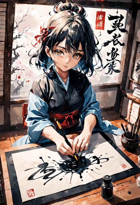 calligraphy, hanshi paper, brush with hair, felt mat for paper, calligraphyの女の子が墨を飛ばして大胆に字を書いている. anime