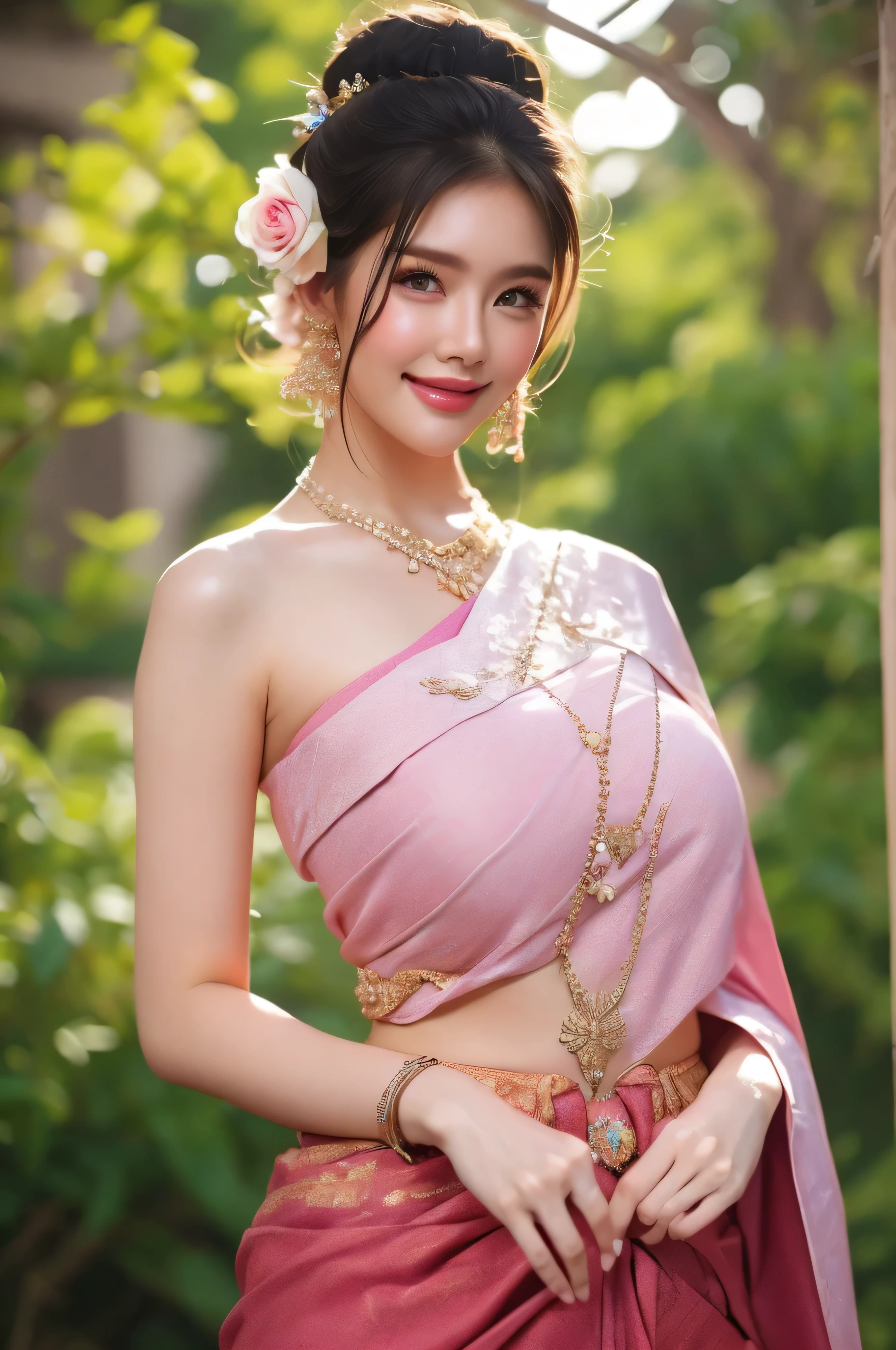 best quality : 1 woman , Plump Thai girl in traditional Thai dress, bright pink and purple, intricate pattern, Highly detailed, pretty smile,Look up at the audience., MILF&#39;s body,beautiful face, Sharp and realistic., big, Beautiful breasts, Hip fart, Wear luxurious diamond jewelry.., Professional Poses, colorful flower garden background, Keep an eye on the audience, Realistic 8K, UHD, Highly detailed, The surface is textured., Anatomically correct, best quality, 16k, UHD