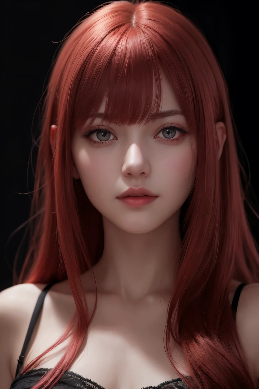 1 girl, starry eyes, blush, perfect lighting, Red hair, red eyes, Unreal Engine, side light, Detailed face, Bangs, bright skin, simple background, dark background, 