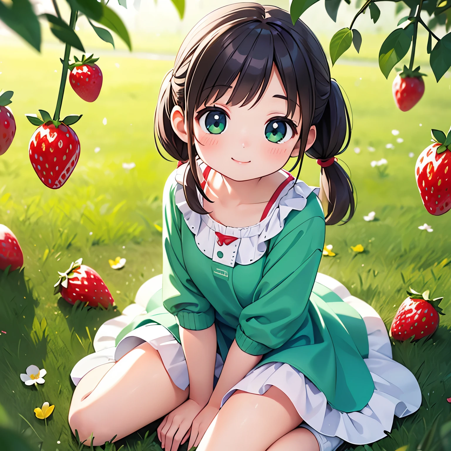 (photorealistic:1.37)、octane rendering、Morning park、Strawberry dress、Girl has twin tail hairstyle and smiles、strawberries fall from the sky、Bright colors、soft sunlight、beautiful flower、green grass、playful atmosphere、peaceful environment、detailed texture、Bright colors、cute shoes with accessories、He looks happy