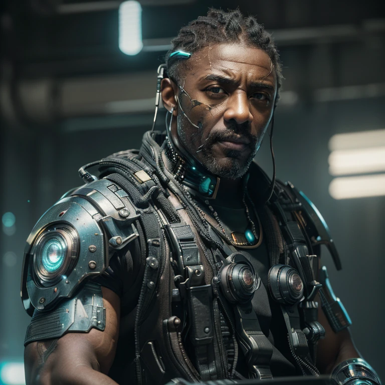 ((masterpiece, highest quality, hires, amazing detail, 8k, best quality, dynamic angle)), cinematic, portait, closeup shot of middle aged man / idris elba /, wearing highly damaged battlesuit, perfect facial hair, scars, cybernetic implants, shirow masamune, ghost in the shell, gantz, gritty, cyberpunk background, muted colours