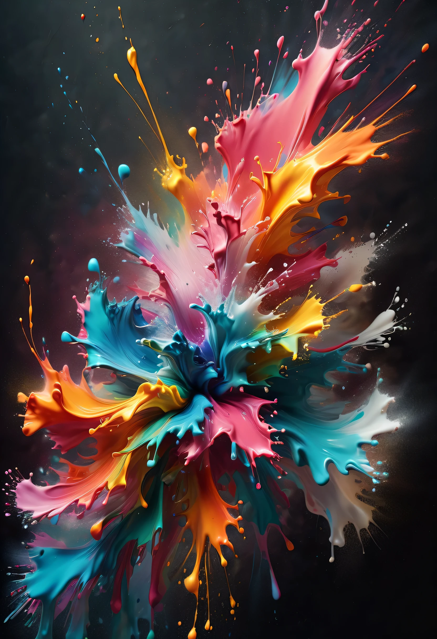 (best picture quality，4K,8k，HD，masterpiece:1.2)，Super detailed，(lifelike，lifelike，lifelike:1.37)。Creative wallpaper design，extremely beautiful，Explosive art，swirl，Abstractionism，like a blooming flower，（（（ink splatter：1.5，Art splashes））），（（（ink splatter效果：1.37，splatted paint：1.37.Colorful paint splash，paint splatter background，）））Energetic movement，动态有力的Abstractionism，colorful，propylene，Vivid rainbow hues，Joyful and lively atmosphere，Bright orange，pink，Whimsical and dreamy，spontaneous splash，bold color contrast。dark background