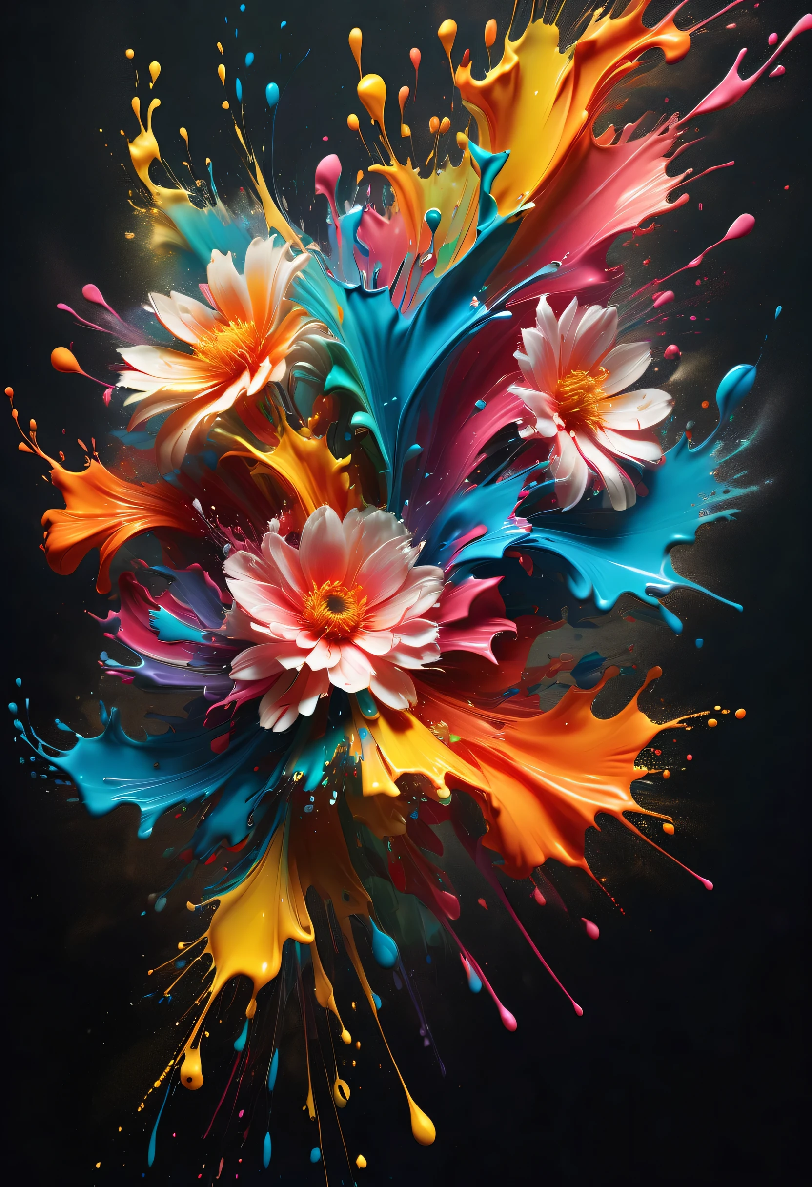 (best picture quality，4K,8k，HD，masterpiece:1.2)，Super detailed，(lifelike，lifelike，lifelike:1.37)。Creative wallpaper design，extremely beautiful，Explosive art，swirl，Abstractionism，like a blooming flower，（（（ink splatter：1.5，Art splashes））），（（（ink splatter效果：1.37，splatted paint：1.37.Colorful paint splash，paint splatter background，）））Energetic movement，动态有力的Abstractionism，colorful，propylene，Vivid rainbow hues，Joyful and lively atmosphere，Bright orange，pink，Whimsical and dreamy，spontaneous splash，bold color contrast。dark background