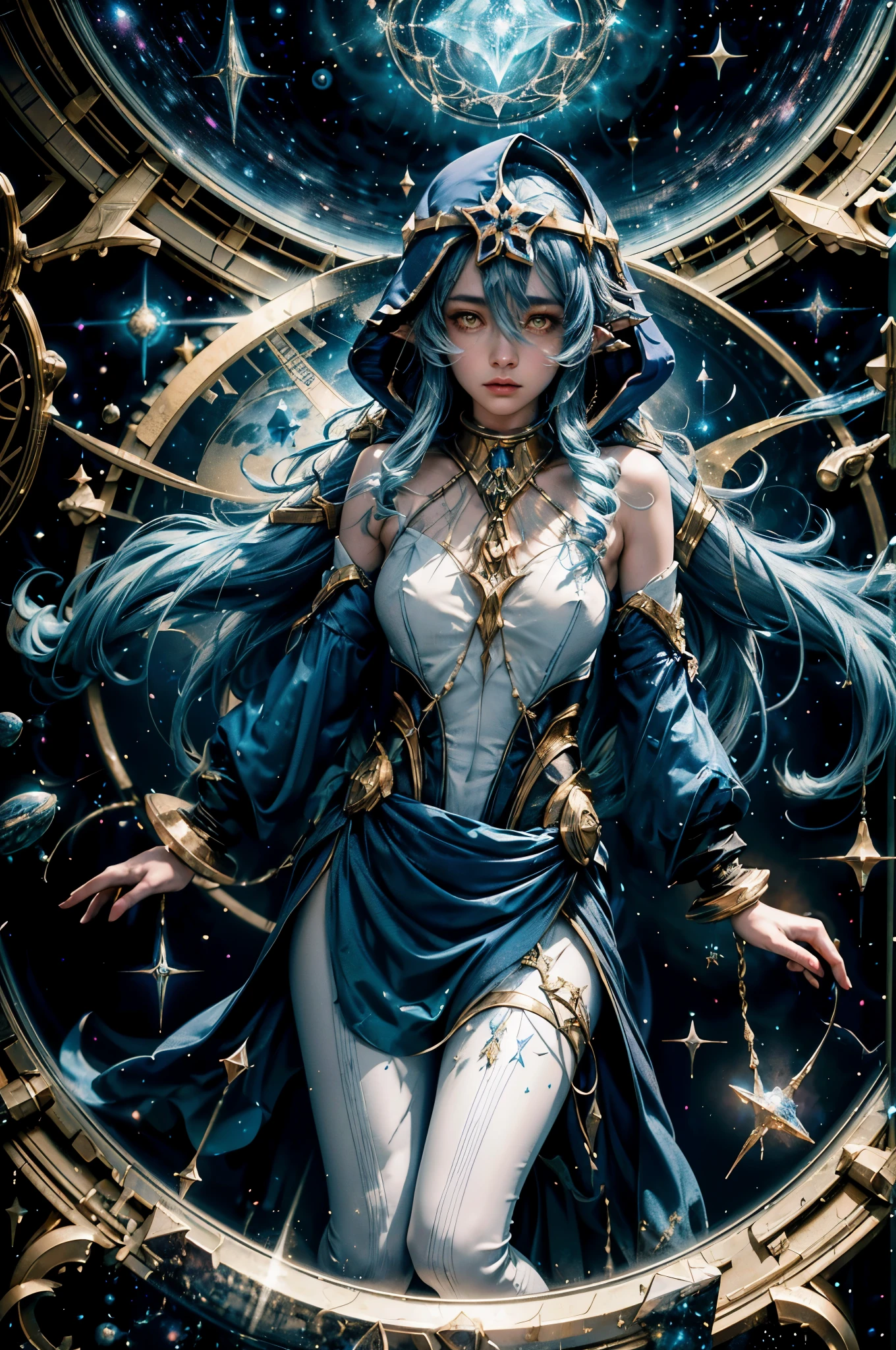 (1 girl solo, long flowy blue hair, yellow eyes, blue and white clothes, white leggings, blue hood, golden details and accessories, bare shoulders) ((fullbody shot, floating in space)) (masterpiece), (best quality:1.4), absurdres, [:intricate details:0.2], 1girl, Flowing robes, intricate magical circles, glowing map of the stars and constellations and galaxies, shimmering aura, intense focus, arcane incantations, crackling energy, levitating artifacts, flickering candles, swirling mist, sparkling stars, mystical crystals, glowing sigils, otherworldly chanting, mysterious symbols, powerful invocation, transcendent awareness, cinematic light, cinematic shot, dramatic shot, movie poster aestethic