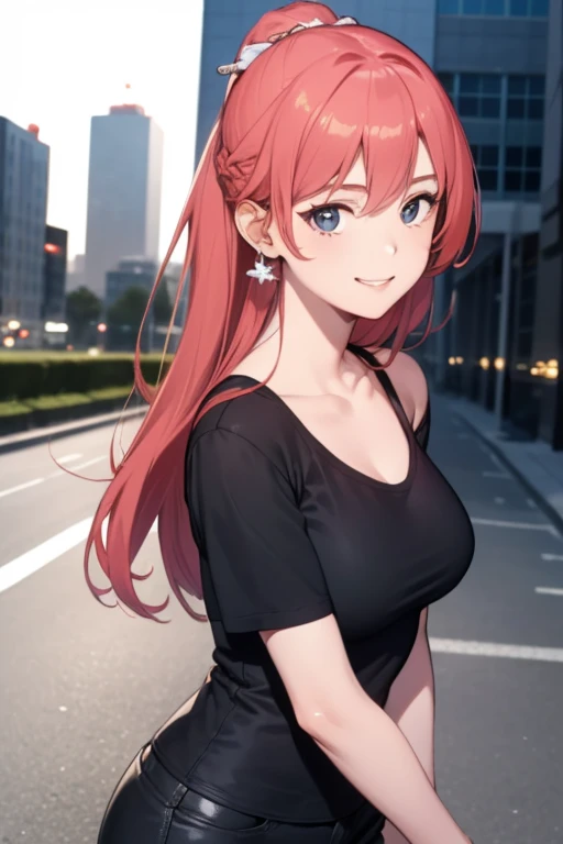 Yoimiya, 1girl, solo, long hair, looking at viewer, smile, breasts, city background, butt, bare shoulders, teeth, tight shirt, short sleeves, closed mouth, black t-shirt,portrait, shorts, skin tight outfit, seductive, realistic, best quality, masterpiece, ultra detail, ultra high res, extreme detail, 8k