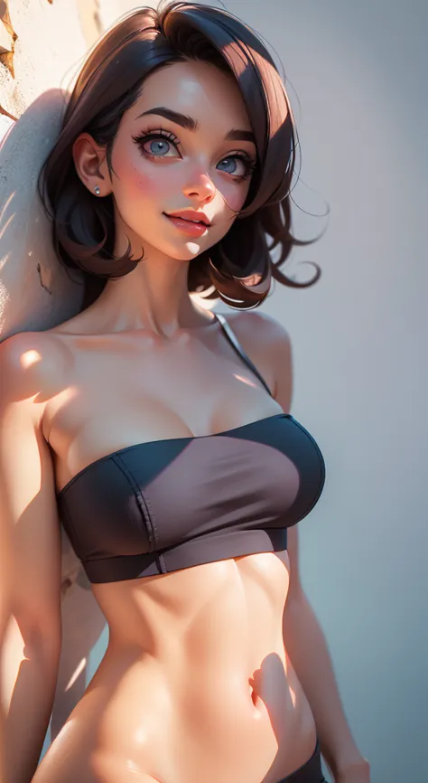(best quality,highres),(realistic:1.3),female in a dark blue tube top bra,shortstackbt, beautiful detailed eyes,beautiful detail...