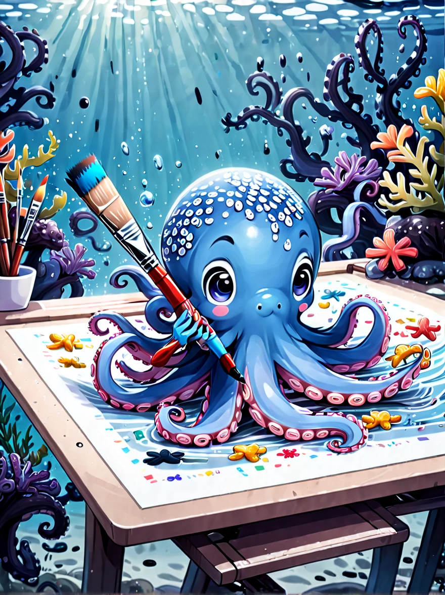 Estilo ilustrado y atmósfera caprichosa.，un mundo submarino，((1 lindo pulpo sosteniendo un pincel y haciendo dibujos en el tablero de dibujo:1.5))，((油画颜料和彩色Tinta的强烈飞溅效果:1.6))，(More Tinta splatter effects on the canvas and octopus:1.6)，(Character covered in Tinta liquid splatter:1.6), (Fondo del mundo submarino，Splashed Tinta，Tinta:1.6)，El pulpo debería verse feliz haciendo su arte.，Rodeado de un vibrante entorno acuático lleno de corales y vida marina.。(Ilustración vectorial:1.2)