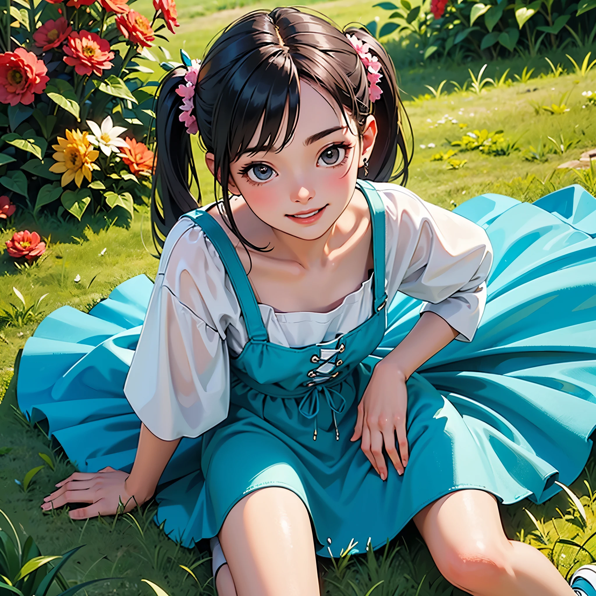 (photorealistic:1.37)、octane rendering、Morning park、Strawberry dress、Girl has twin tail hairstyle and smiles、strawberries fall from the sky、Bright colors、soft sunlight、beautiful flower、green grass、playful atmosphere、peaceful environment、detailed texture、Bright colors、cute shoes with accessories、He looks happy