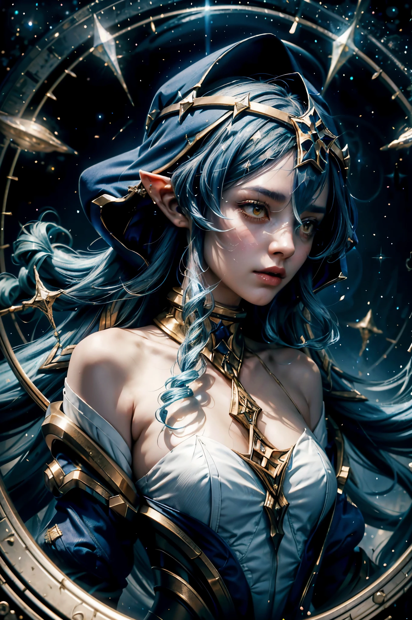 (1 girl solo, long flowy blue hair, yellow eyes, blue and white clothes, white leggings, blue hood, golden details and accessories, bare shoulders, pointy elven ears) ((portrait closeup shot, floating in space)) (masterpiece), (best quality:1.4), absurdres, [:intricate details:0.2], 1girl, Flowing robes, intricate magical circles, glowing map of the stars and constellations and galaxies, shimmering aura, intense focus, arcane incantations, crackling energy, levitating artifacts, flickering candles, swirling mist, sparkling stars, mystical crystals, glowing sigils, otherworldly chanting, mysterious symbols, powerful invocation, transcendent awareness, cinematic light, cinematic shot, dramatic shot, movie poster aestethic
