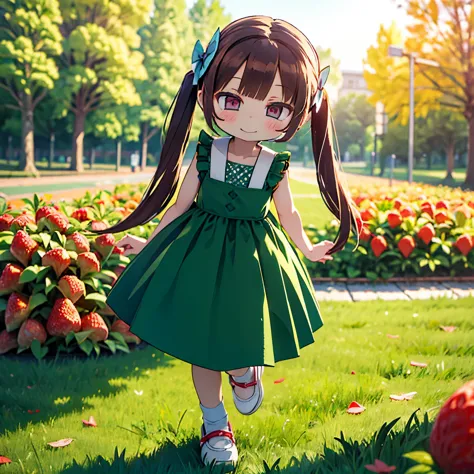 (photorealistic:1.37)、octane rendering、Morning park、Strawberry dress、Girl has twin tail hairstyle and smiles、strawberries fall from the sky、Bright colors、soft sunlight、beautiful flower、green grass、playful atmosphere、peaceful environment、detailed texture、Br...