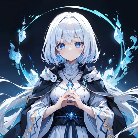 A night with blue flames. Darkness with impressive blue flames. woman wearing white wizard robe. she has a beautiful face and br...