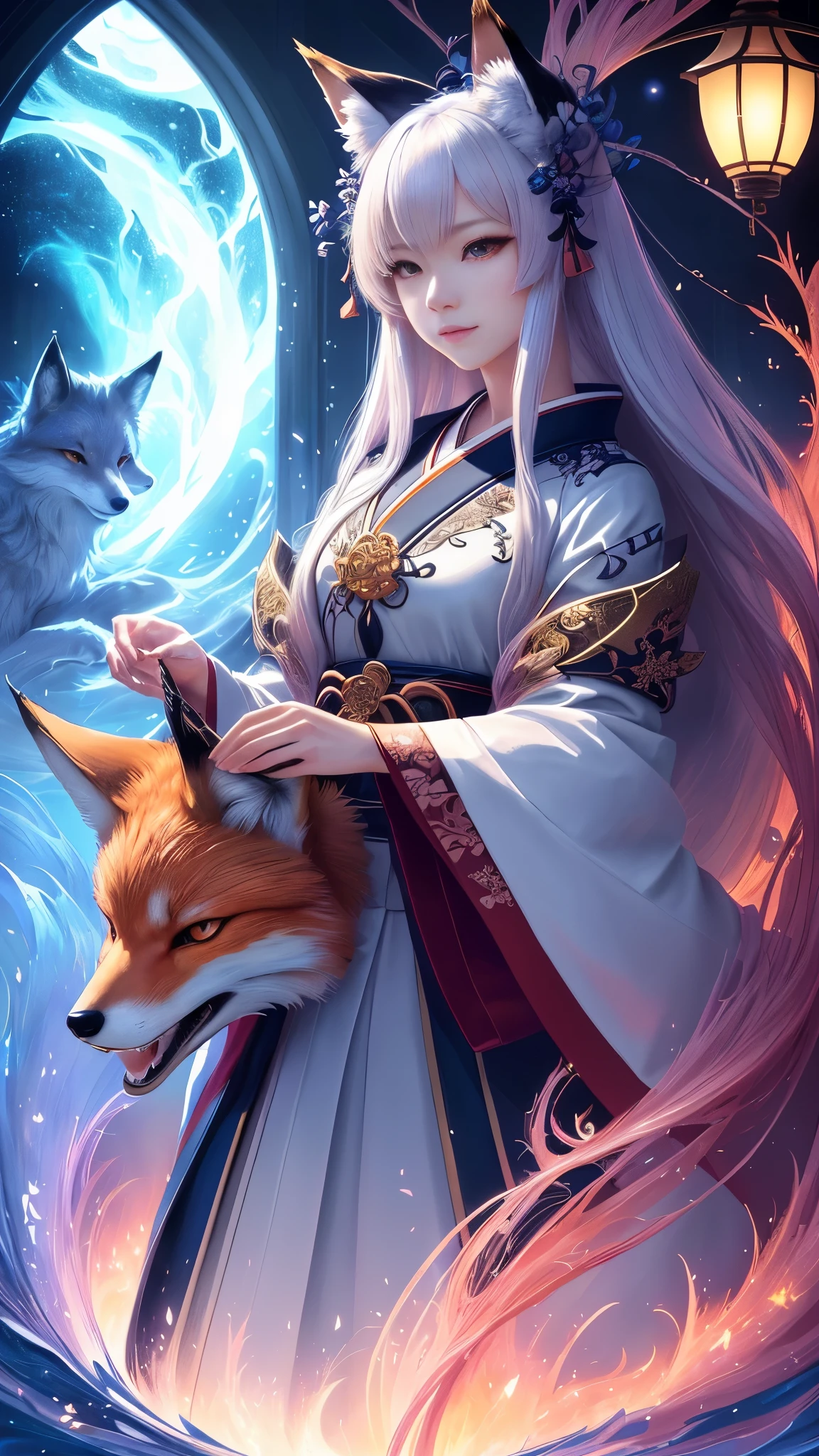 Close-up, For the, masterpiece, beautiful details, colorful, delicate details, delicate lips, intricate details, genuine, ultrargenuineista, Girl with multicolored haired fox sitting on a branch:sexly, fascinating, ,Colorful Fox, raposa de nine tails, Three tails Fox, Three tails Fox, onmyoji detailed art, beautiful fine art illustration, mythical creatures, Fox, beautiful digital art,shrine maiden,japanese architecture,hold hands,exquisite digital illustration, mizutsune, Inspired by mythical wild web creatures, pixiv in digital art, shining light, high contrast, Mysterious,Girl with multicolored haired fox sitting on a branch,front,looking at the camera